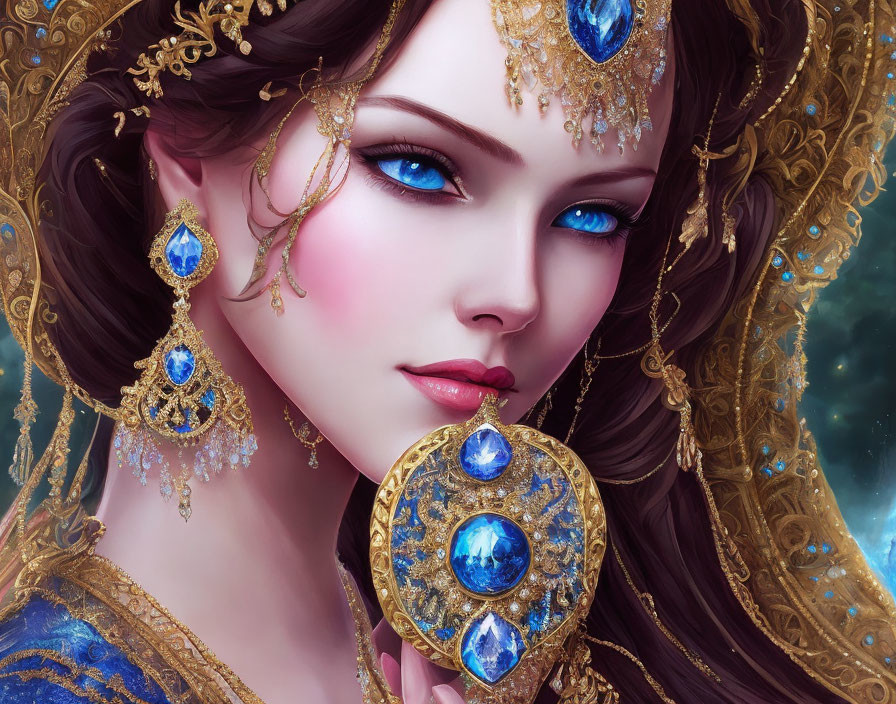 Fantasy portrait of woman with blue eyes, gold jewelry, and ornate headpiece