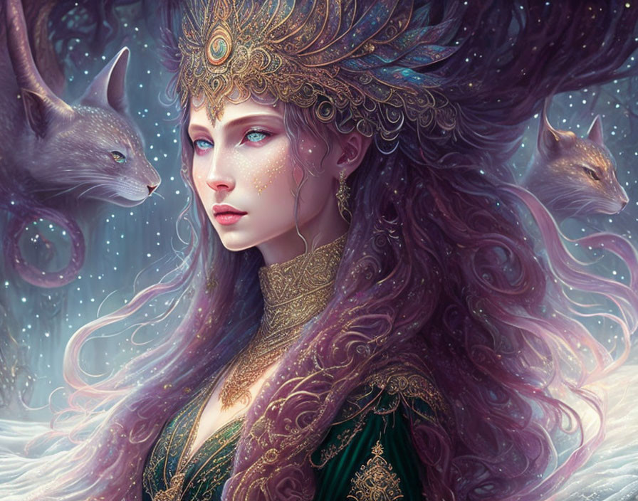 Regal woman with gold headwear and purple hair among ghostly wolves in snowy landscape