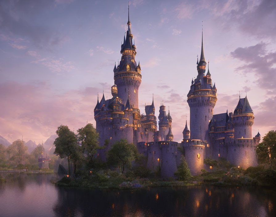 Majestic fantasy castle with towering spires at sunset