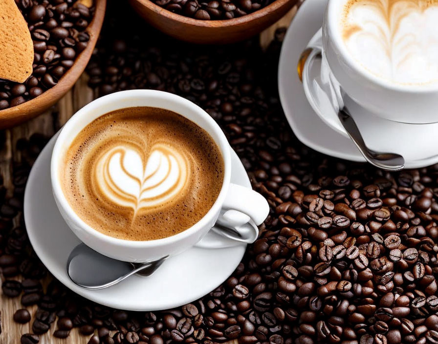Cappuccino with Heart Foam Art and Coffee Beans Background