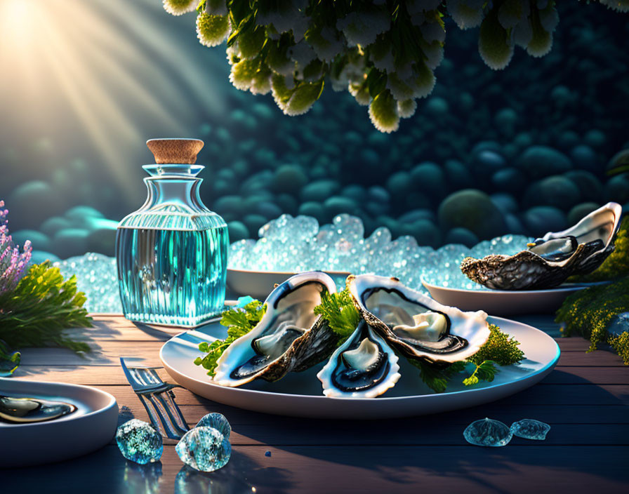 Ethereal dining setup with oysters, bottle, crystals, blue light, and foliage