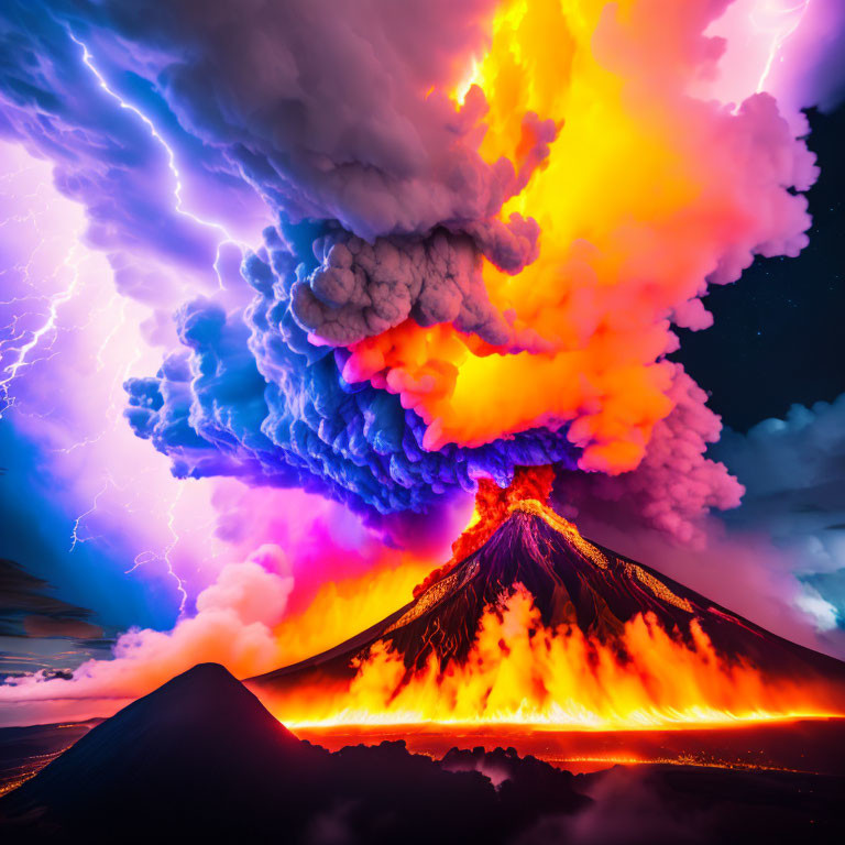 Dramatic volcanic eruption with lightning and fiery lava