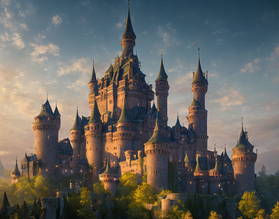 Majestic castle with spires and turrets in forested landscape at sunrise.