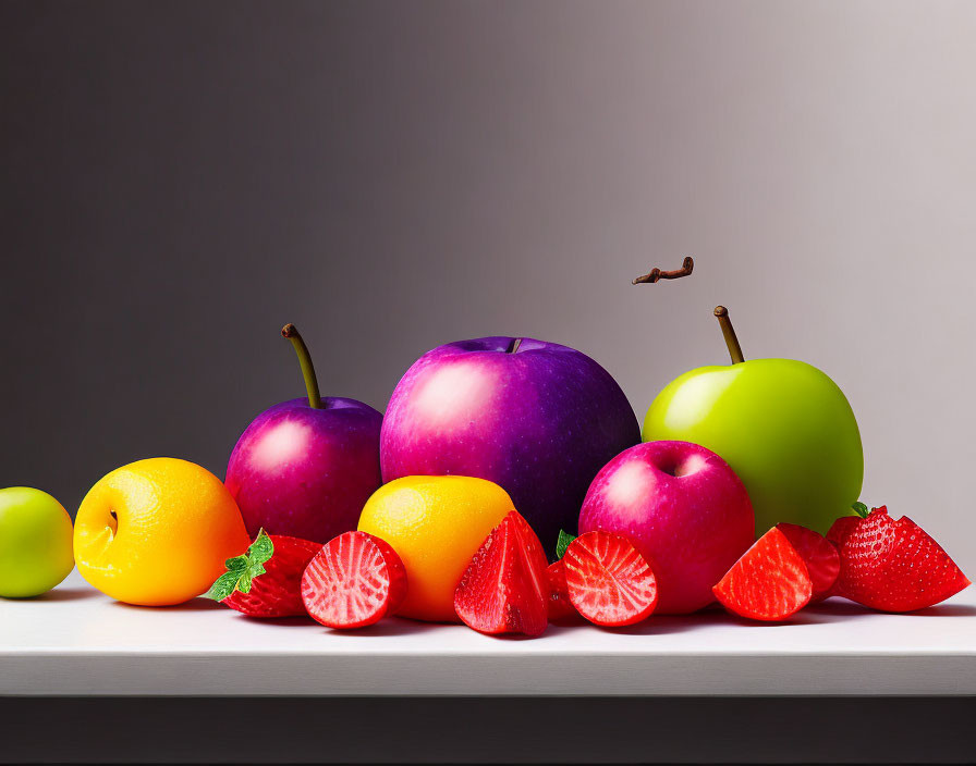 Various Fresh Fruits Displayed on Shelf with Vibrant Color Contrast