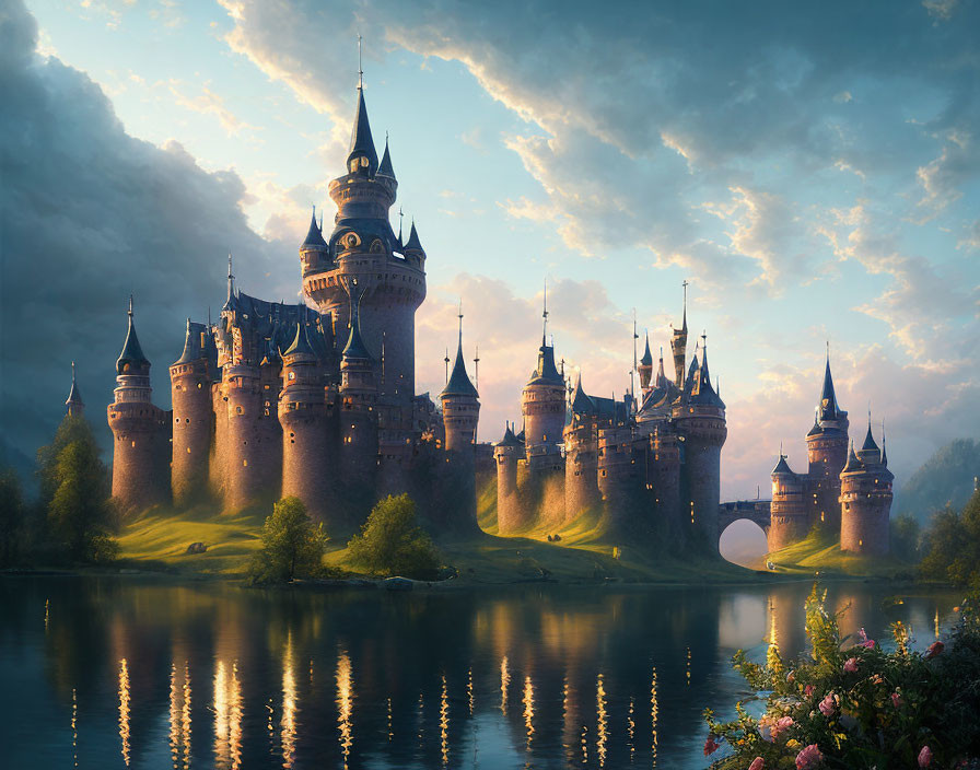 Majestic castle with spires by tranquil lake at sunset