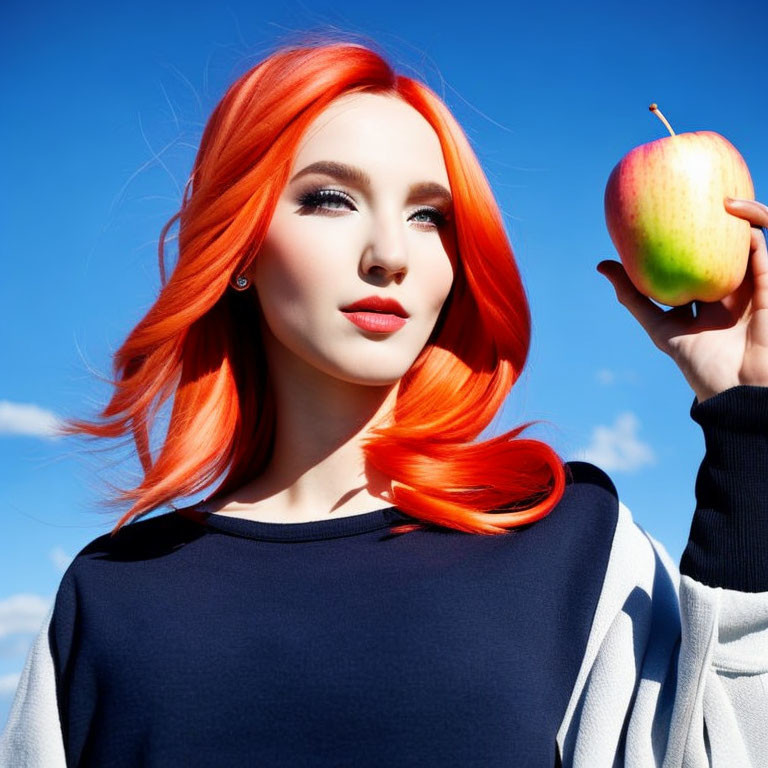 Red-haired woman holding an apple under blue sky