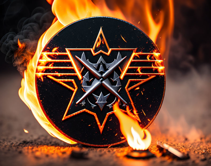 Metallic Pentagram Emblem Engulfed in Flames