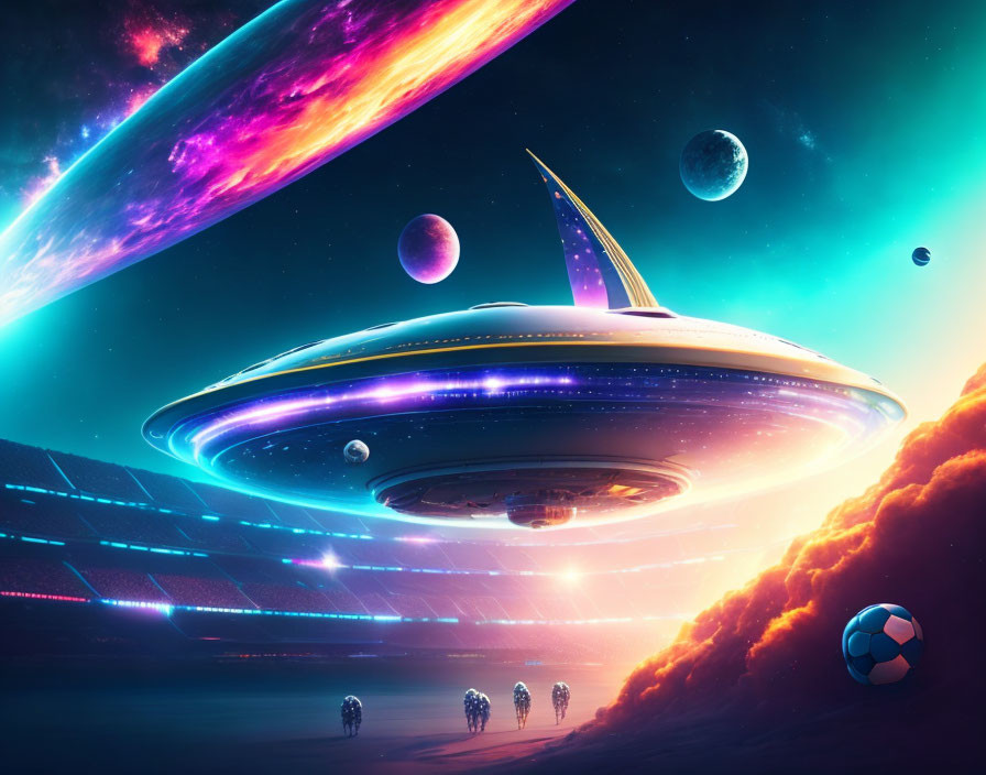 Futuristic spaceship over vibrant alien landscape with figures in spacesuits