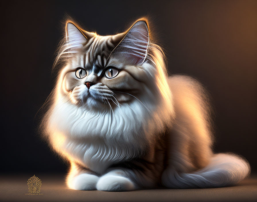 Long-haired tabby cat with piercing eyes and curled tail on dark background