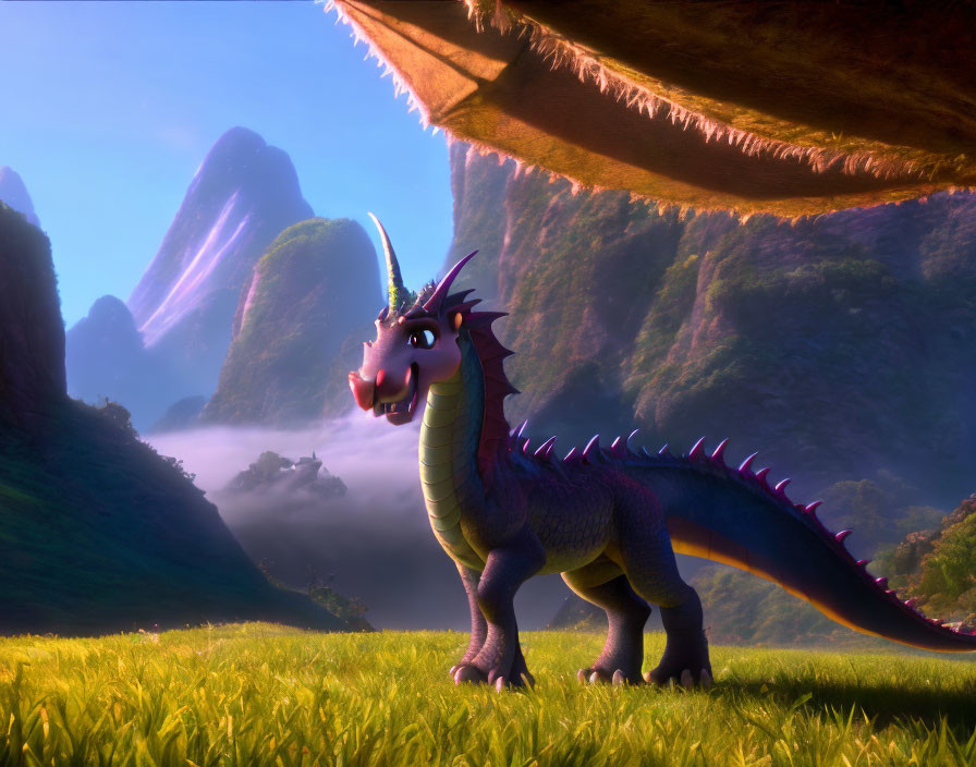 Colorful animated dragon in lush valley with mountains - mystical ambiance, soft lighting, mist