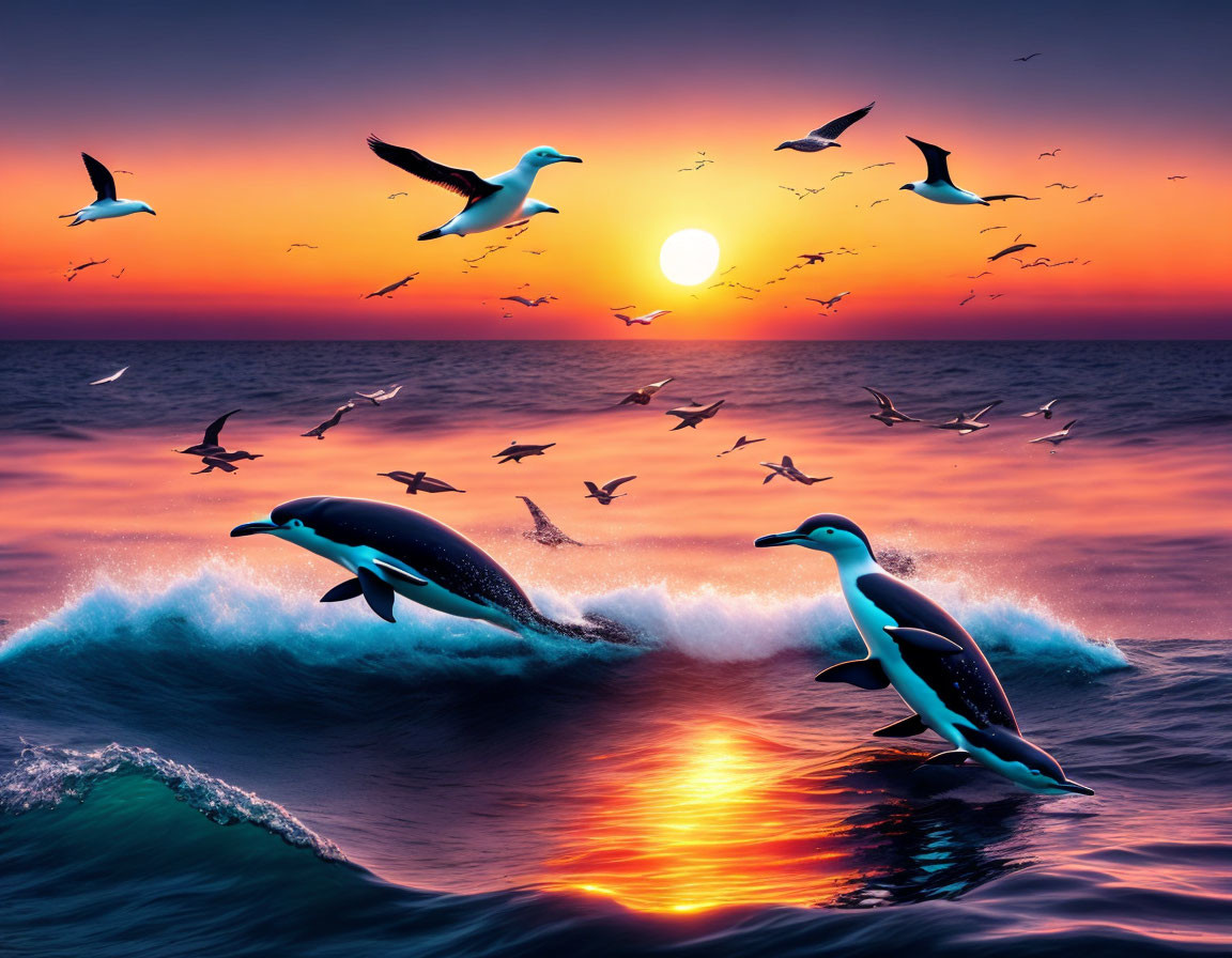 Dolphins leaping from wave with seabirds at sunset