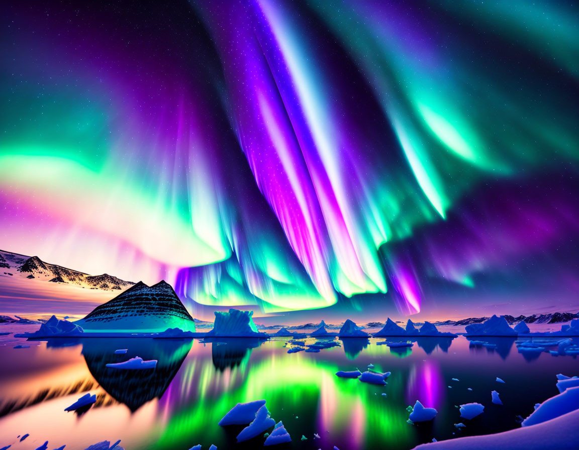 Colorful Aurora Borealis Reflecting in Icy Landscape