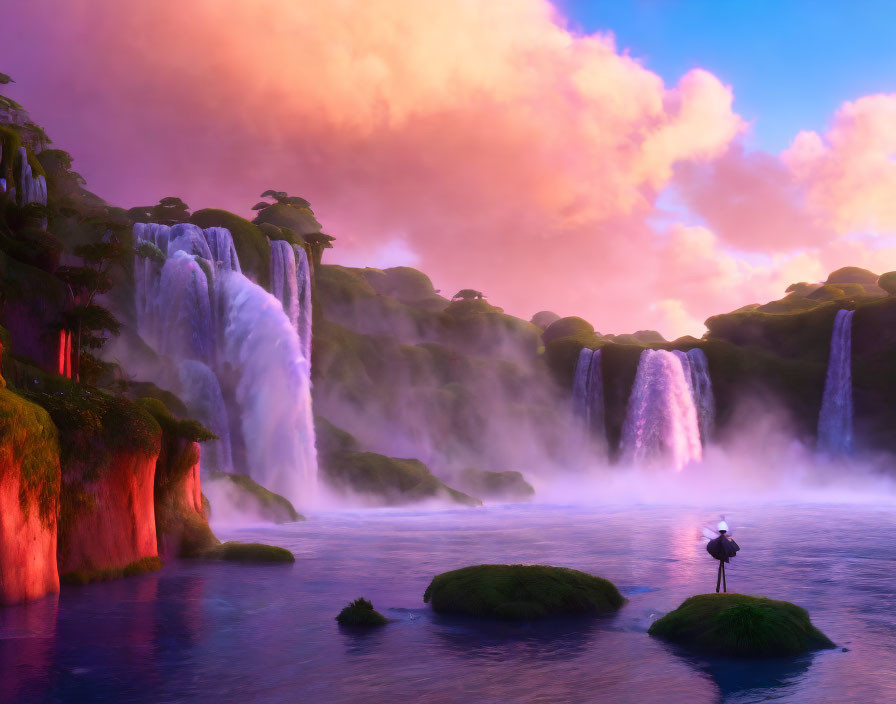 Tranquil landscape with person, waterfalls, and pink sky at dusk