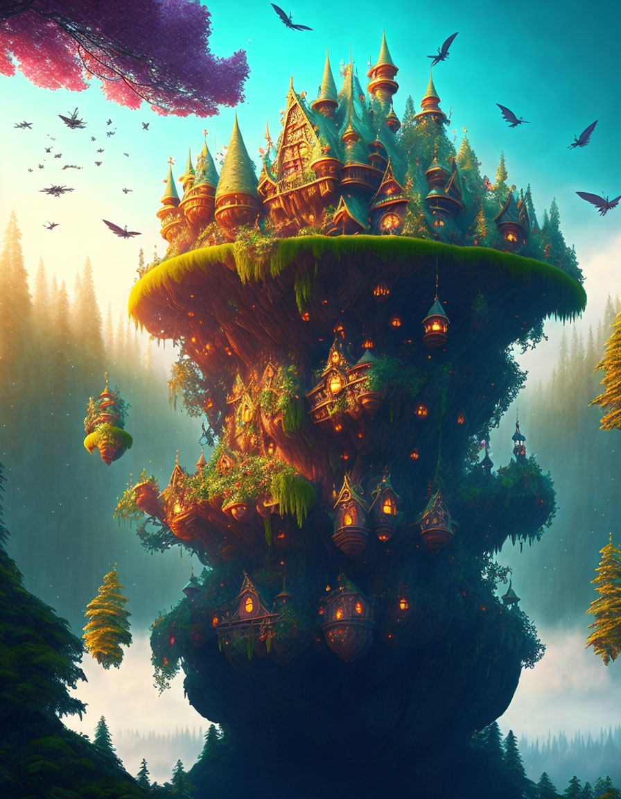 Magical tree with houses and turrets, floating islands in twilight forest