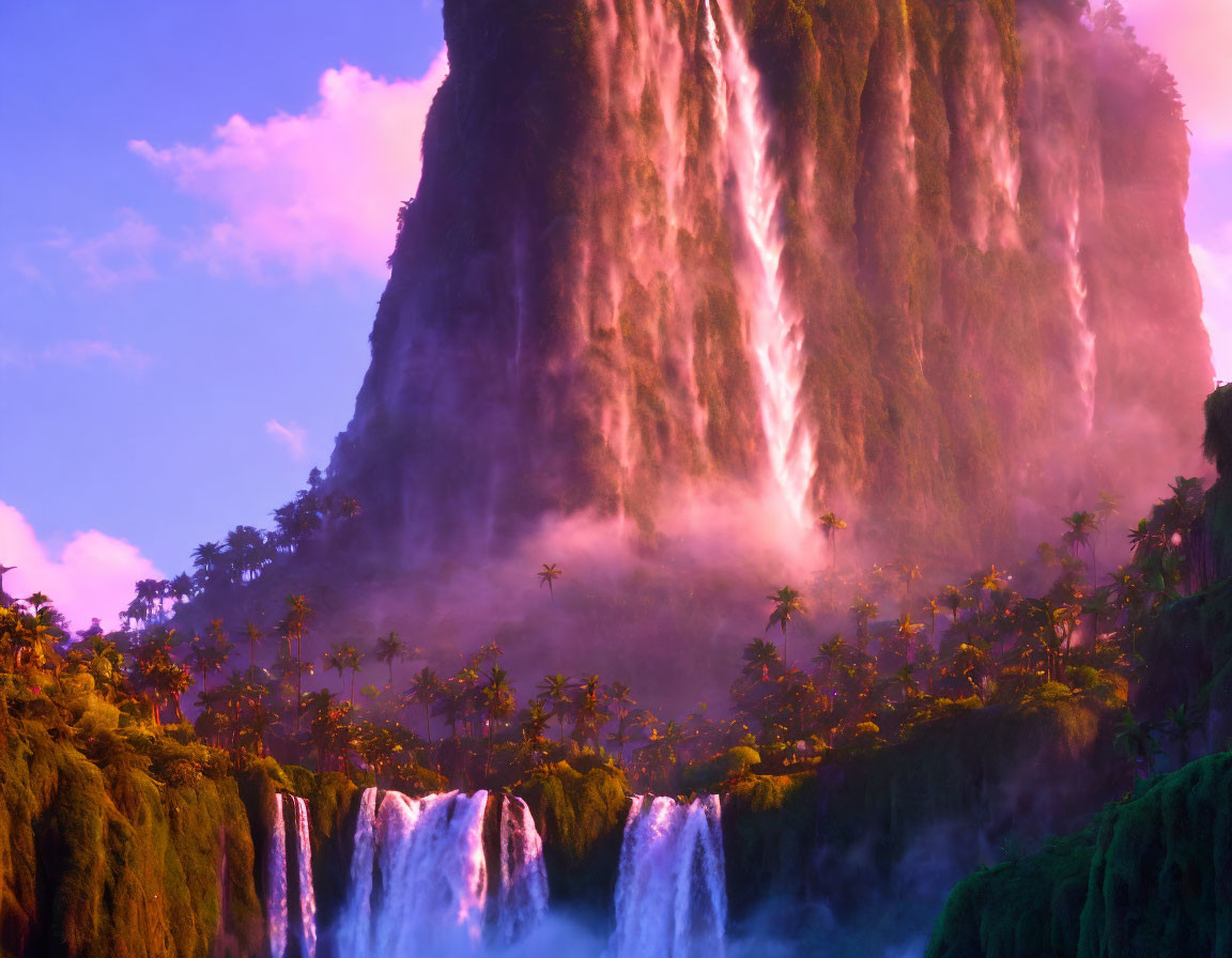 Tropical landscape: Majestic waterfall, pink-hued sky