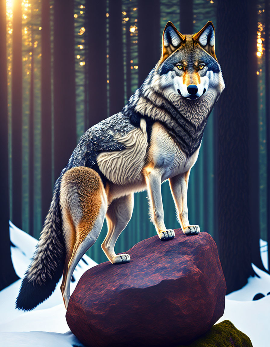 Majestic wolf on snowy forest rock with glowing lights