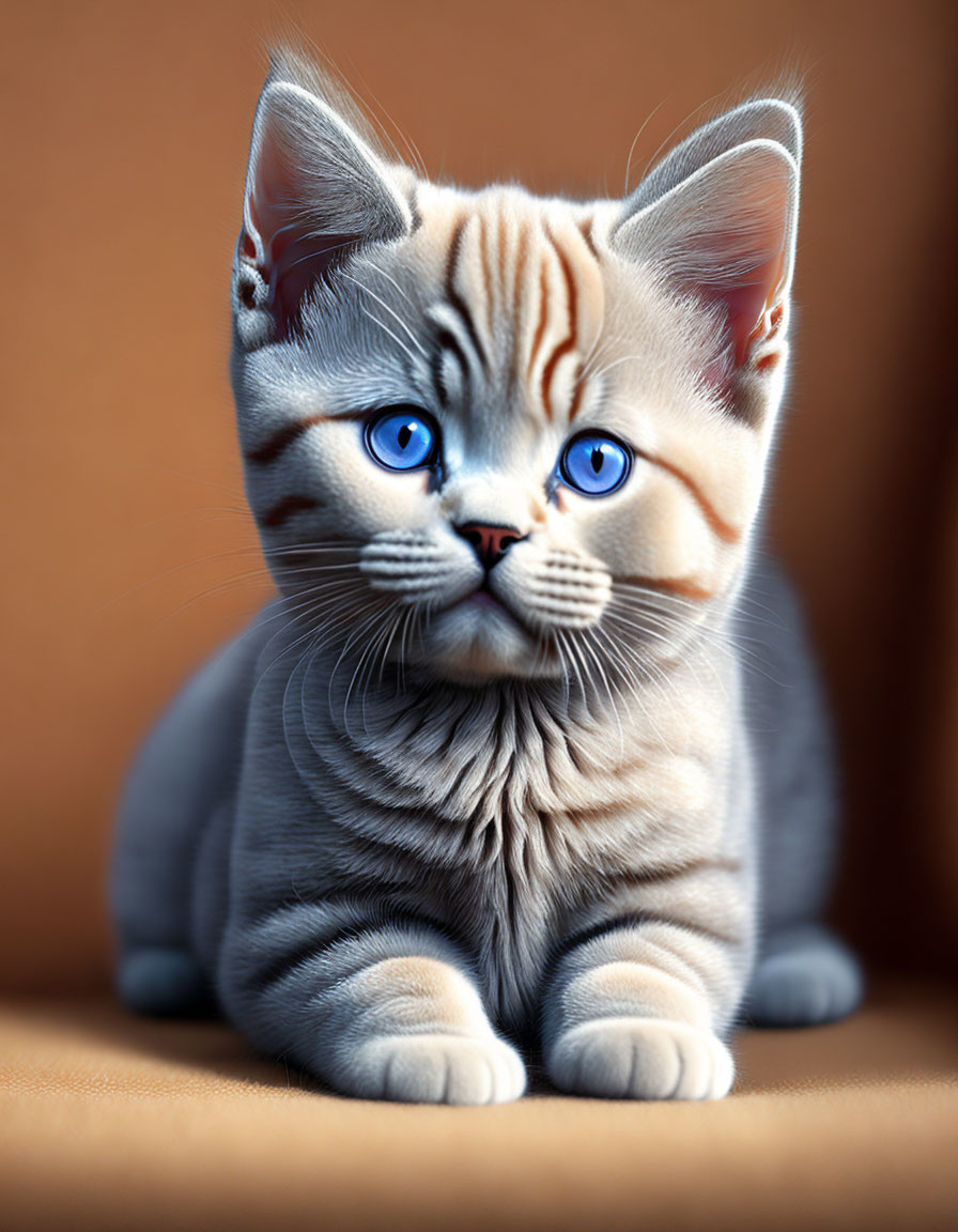 Fluffy gray-striped kitten with blue eyes on orange background