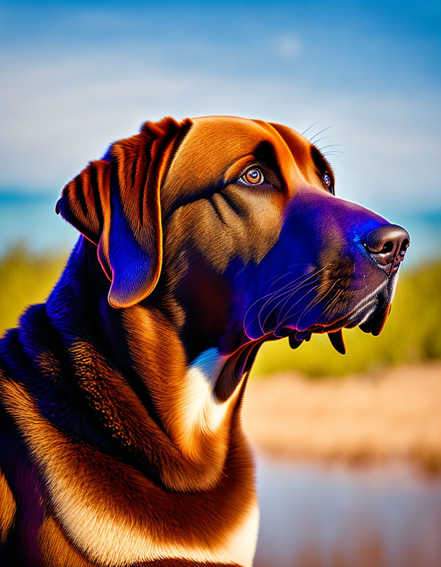 Colorful Portrait of Brown Dog Under Blue Sky