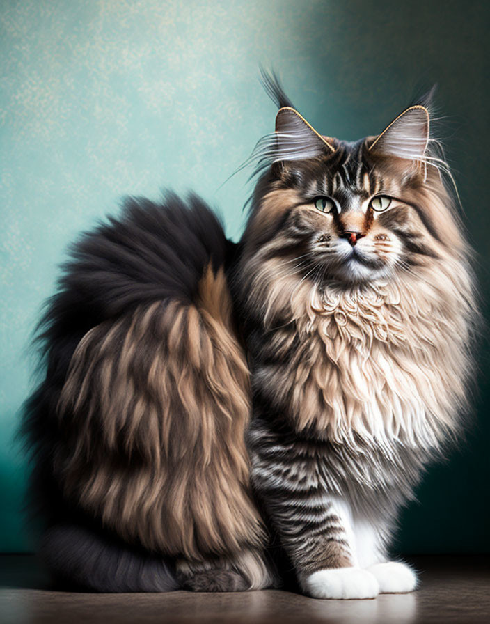 Fluffy Maine Coon Cat with Green Eyes on Teal Background