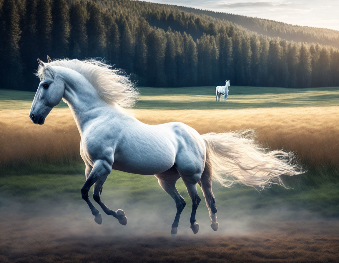 Majestic white horse galloping in golden field with forest background