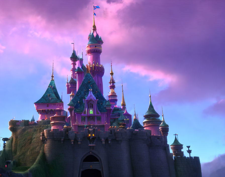 Fantasy castle with turrets and spires in purple sky