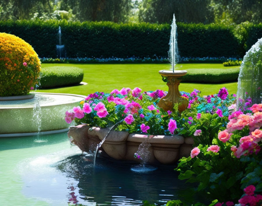 Tranquil fountain with pink flowers in lush garden