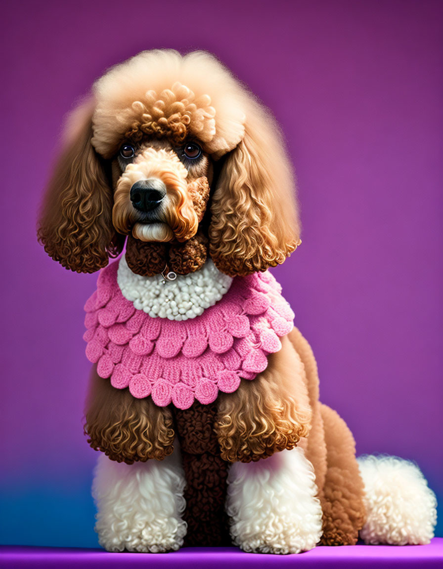 Brown and white poodle in pink dress on purple background