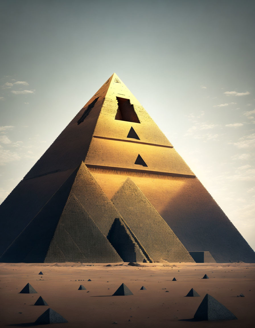 Pyramids in a Desert Landscape with Clear Sky