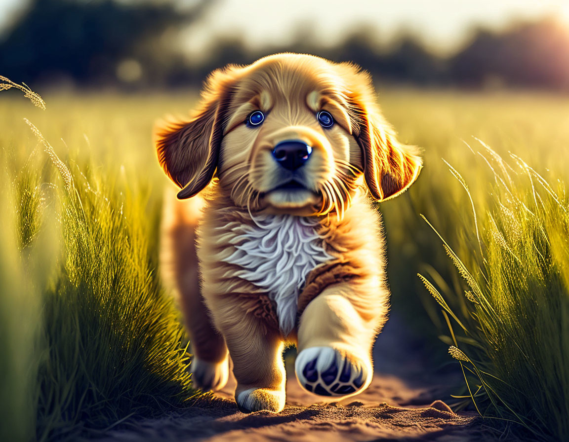 Golden Retriever Puppy Playing in Sunlit Field