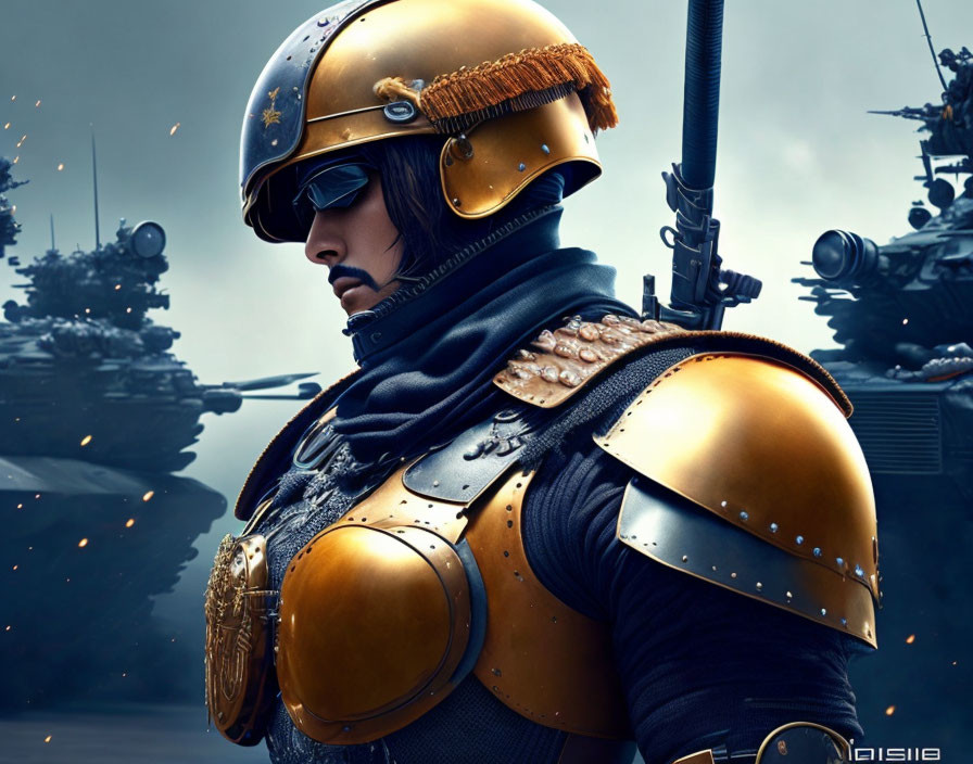 Futuristic soldier in golden armor with visor, amid blurred war machines