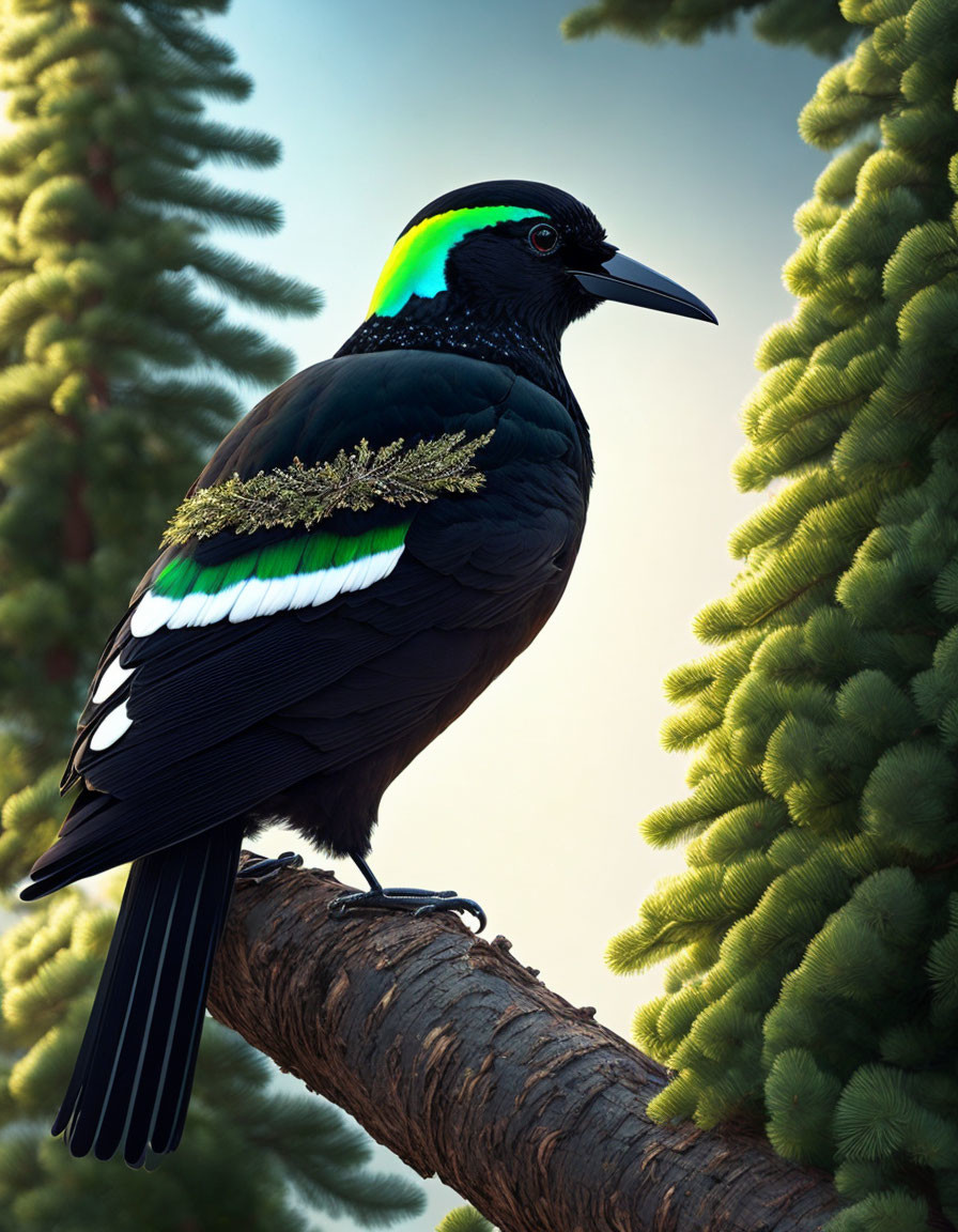 Colorful bird with black, green, and yellow plumage on pine tree branch