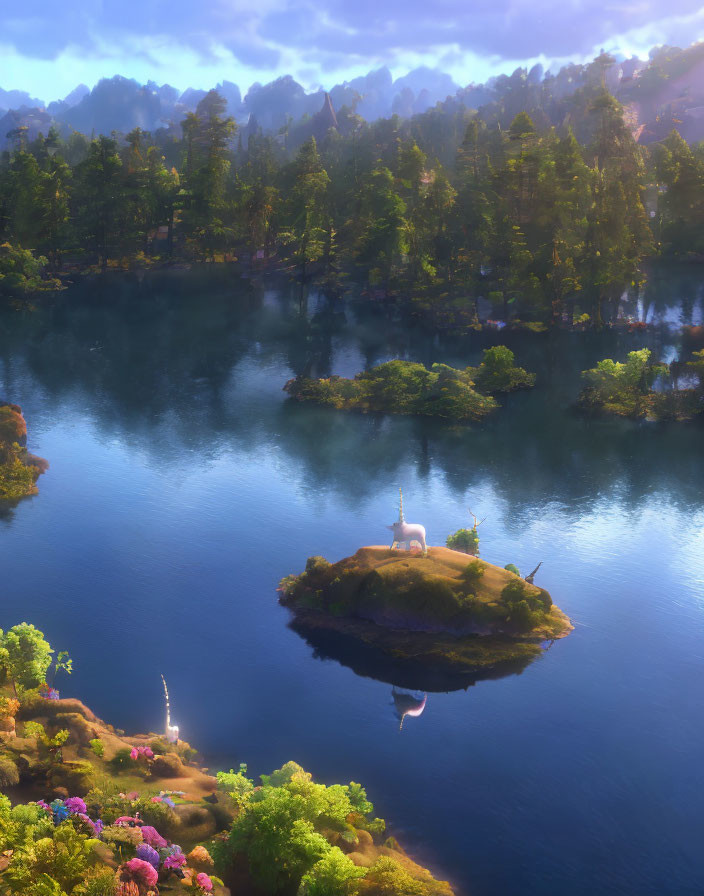 Tranquil fantasy landscape with lake, island, gazebo, forests, and mountains