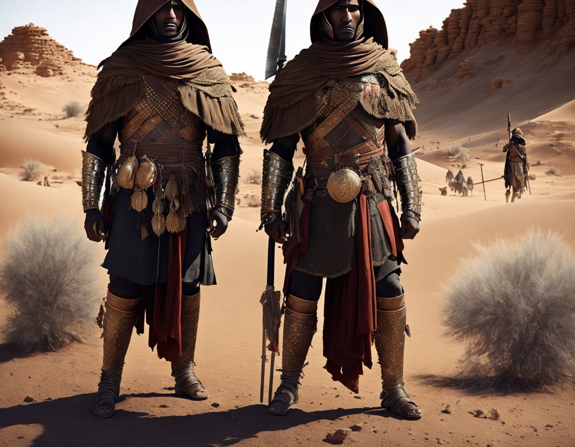 Warrior attire individuals with swords in desert landscape