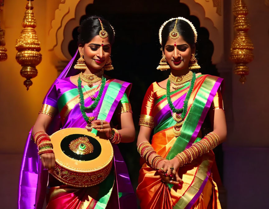 Traditional Indian women in attire and jewelry with lamp on decorative tray against golden backdrop