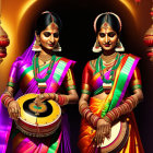 Traditional Indian women in attire and jewelry with lamp on decorative tray against golden backdrop