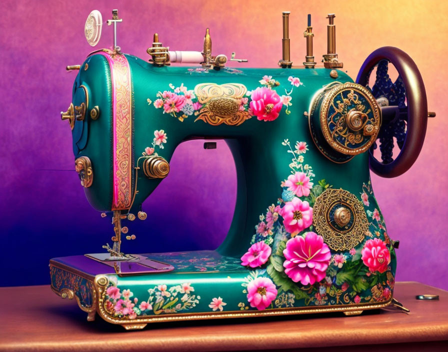 Colorful Floral Pattern Sewing Machine on Purple Background