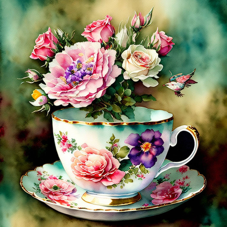 Vintage Teacup with Floral Patterns and Roses Bouquet on Textured Background