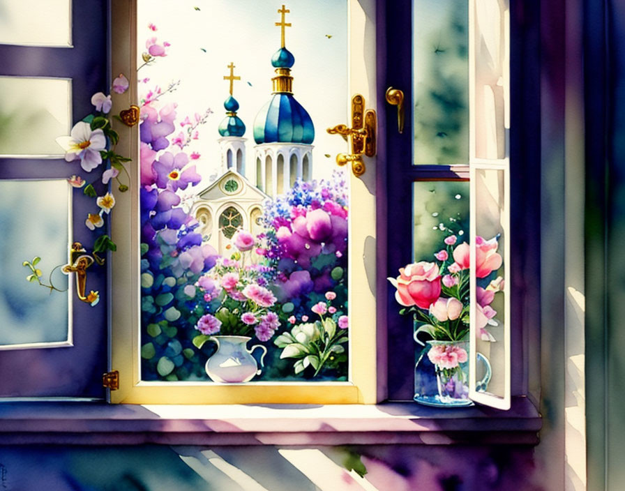 Colorful Watercolor Painting: Open Window Overlooking Church Domes & Flowers