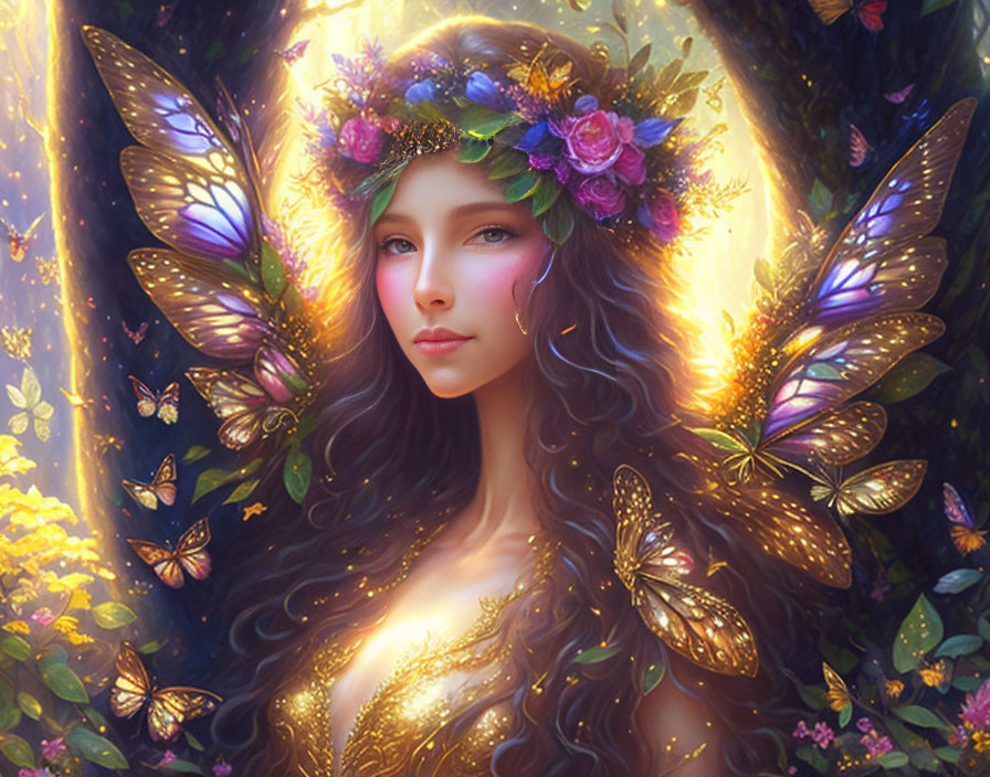 Fantastical portrait of woman with butterfly wings in enchanted forest