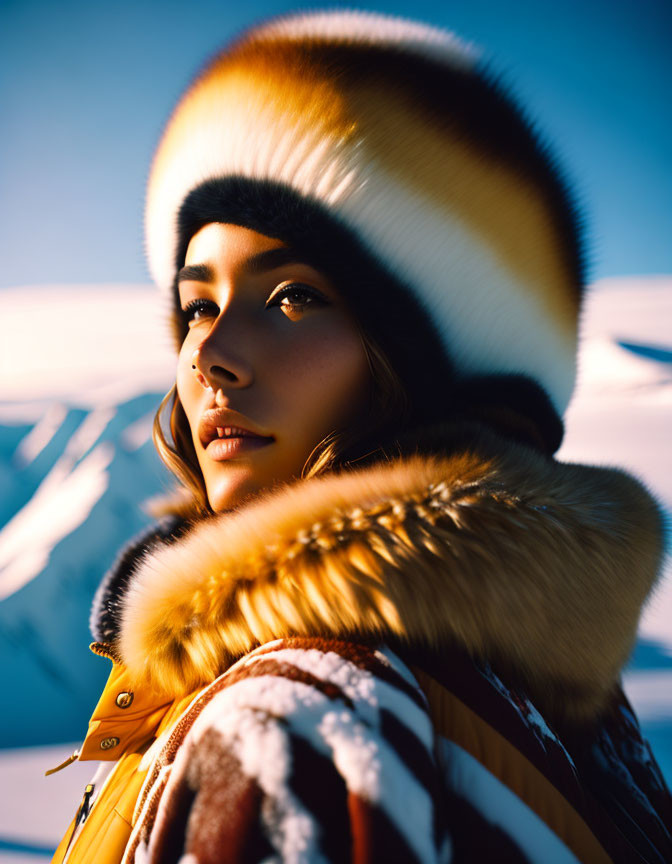 Person in Fur Hat and Jacket with Mountains Background at Golden Hour