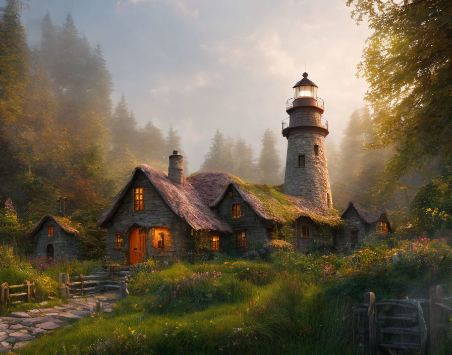 Stone lighthouse and cottage in forest clearing at sunrise