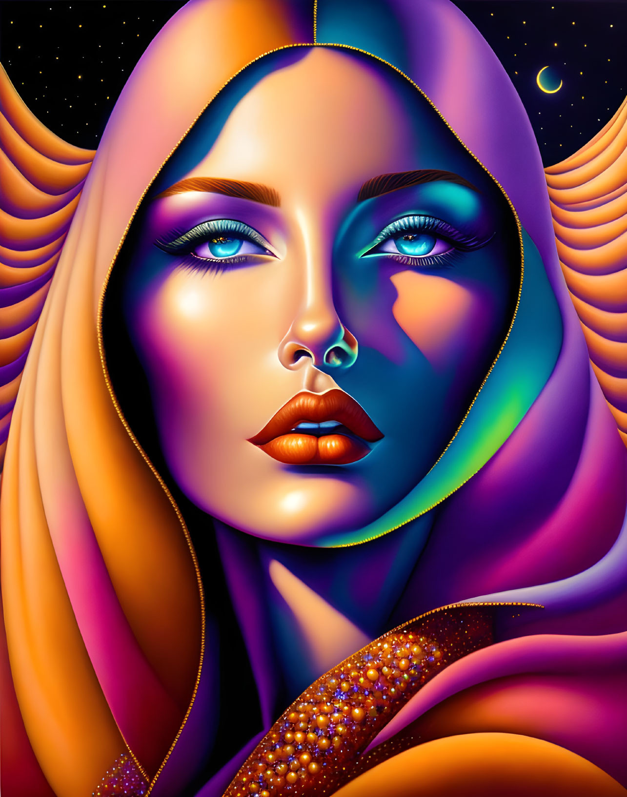 Colorful illustration of woman in orange and purple attire against cosmic backdrop.