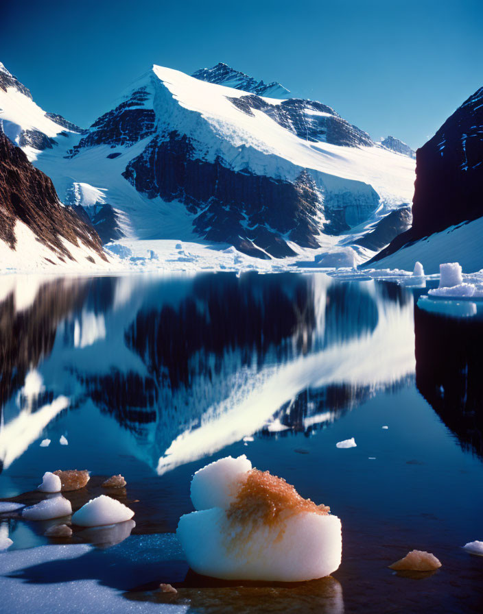 Glacial landscape with snow-covered mountains and crystal-clear lake