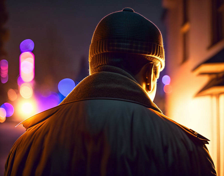 Person in winter hat and coat with city lights at dusk.