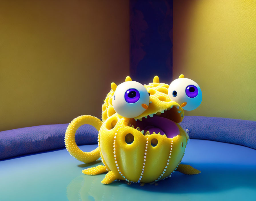 Colorful 3D-rendered yellow monster in vibrant room