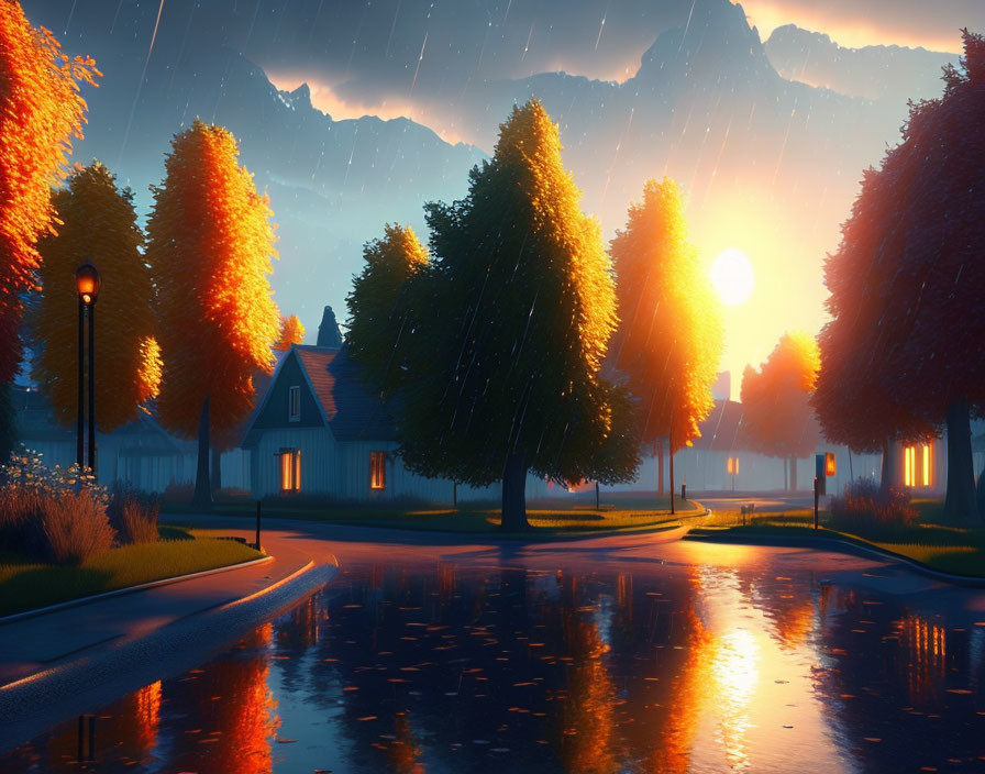 Tranquil suburban sunset scene with glowing street lamps and autumn trees