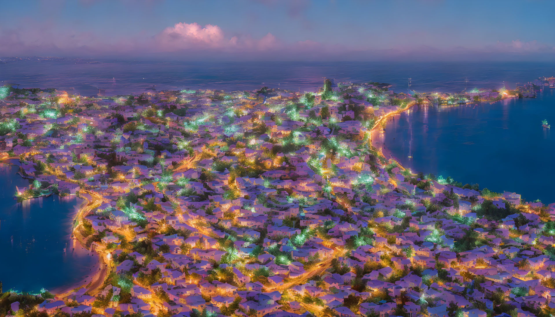 Coastal city at twilight with snow-covered buildings and glistening lights