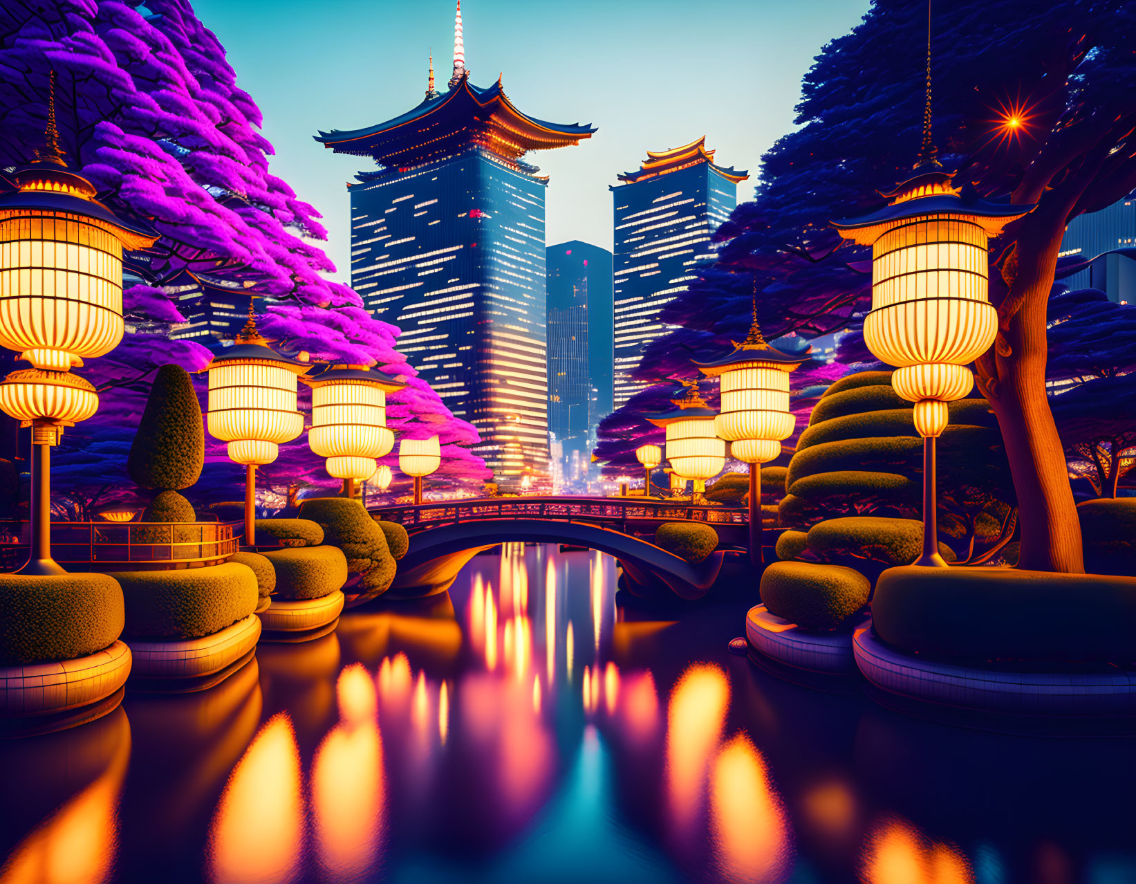 Vibrant purple trees, lanterns, river, bridge, and skyscrapers in twilight scene