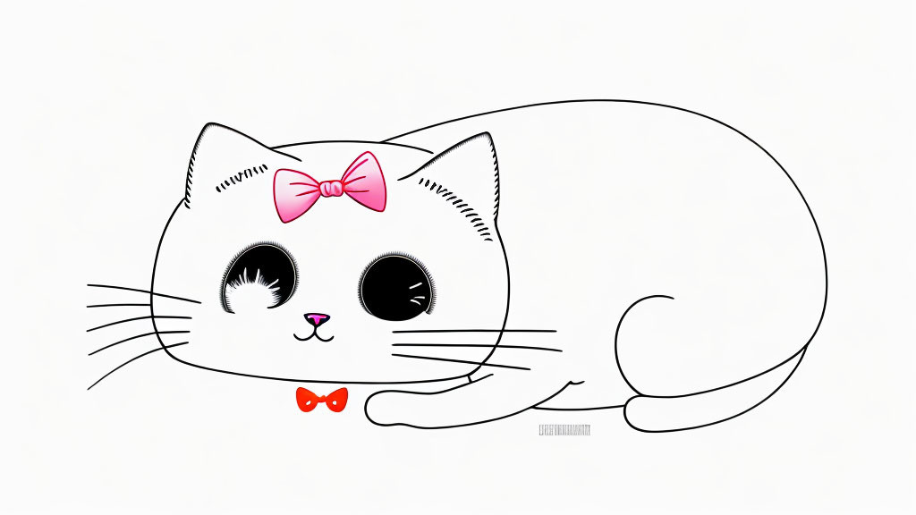 White Cat Cartoon with Big Black Eyes and Pink Bow, Red Bow Tie Near Tail