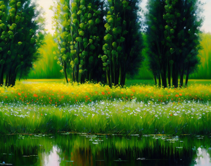 Vibrant Meadow Painting with Flowers, Trees, and Water